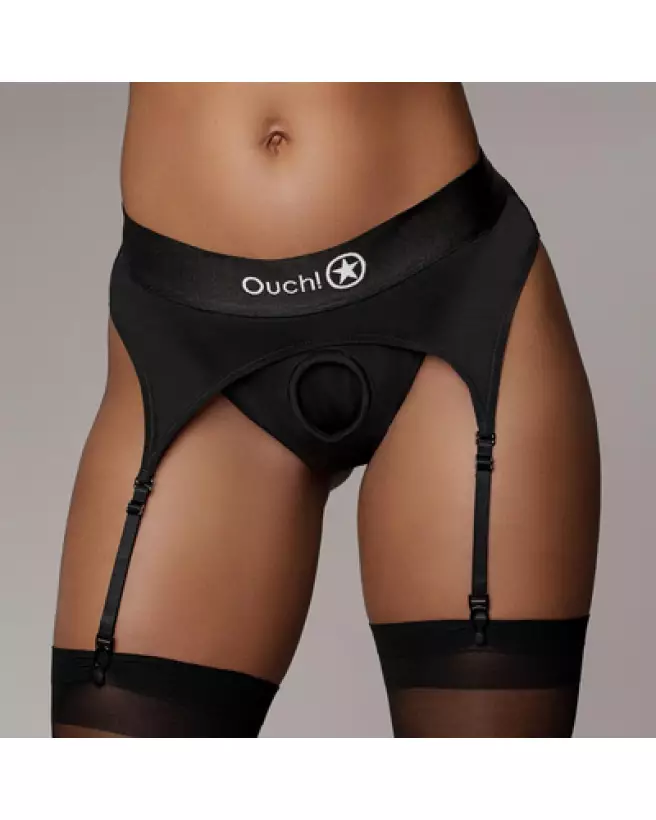 Vibrating Strap-on Thong with Adjustable Garters by Ouch! in Black M/L-1