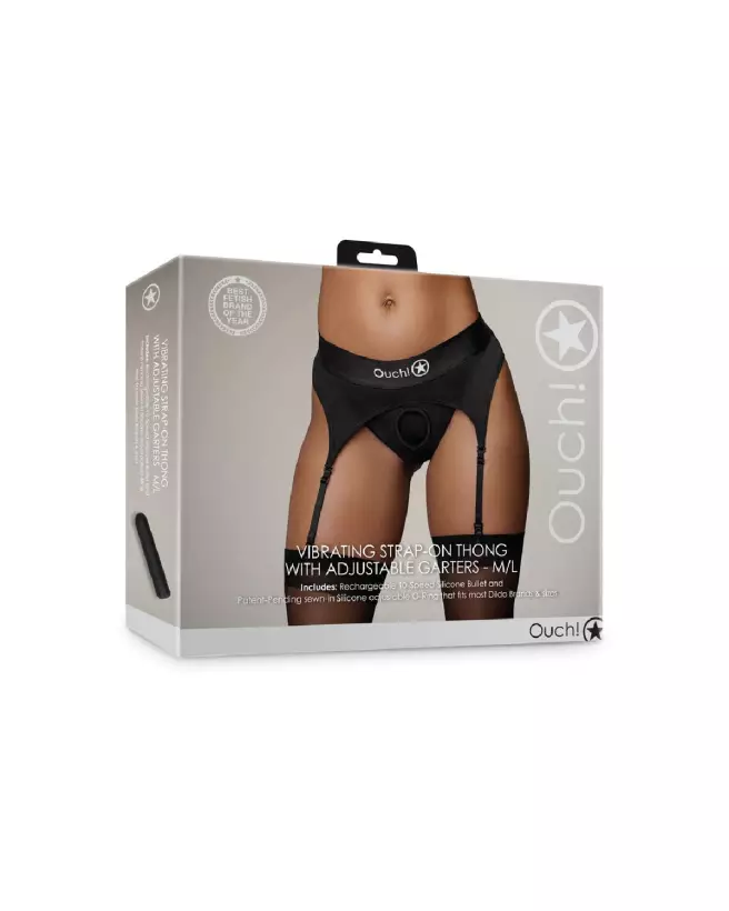 Vibrating Strap-on Thong with Adjustable Garters by Ouch! in Black M/L-2