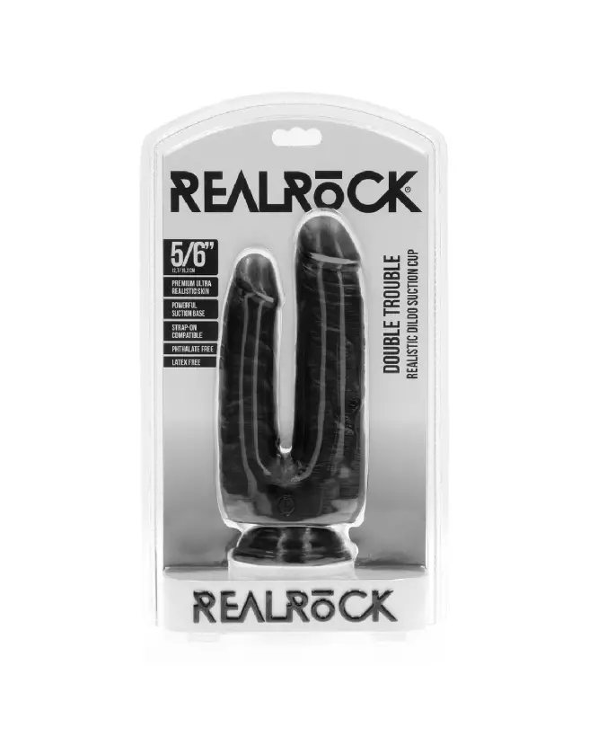 Double Trouble Dildo noir 12,7/15,2 cm par RealRock, sextoy réaliste pour double plaisir-2