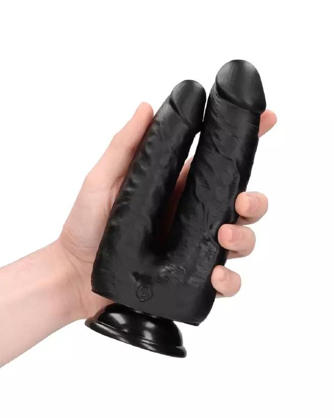 Double Trouble Dildo noir 12,7/15,2 cm par RealRock, sextoy réaliste pour double plaisir-7