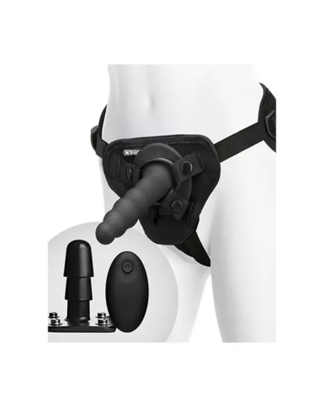 Image du Ribbed Vibrating Pleasure Set avec télécommande par Doc Johnson, gode ceinture vibrant et texturé-1