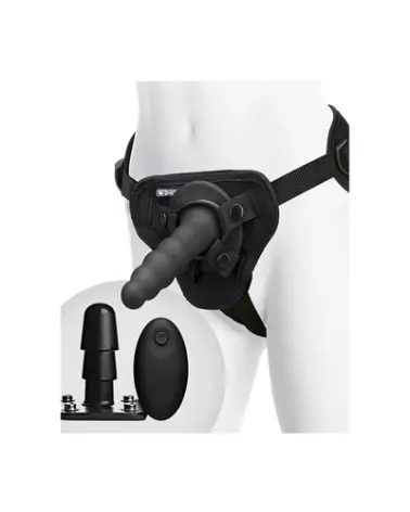 Image du Ribbed Vibrating Pleasure Set avec télécommande par Doc Johnson, gode ceinture vibrant et texturé-1