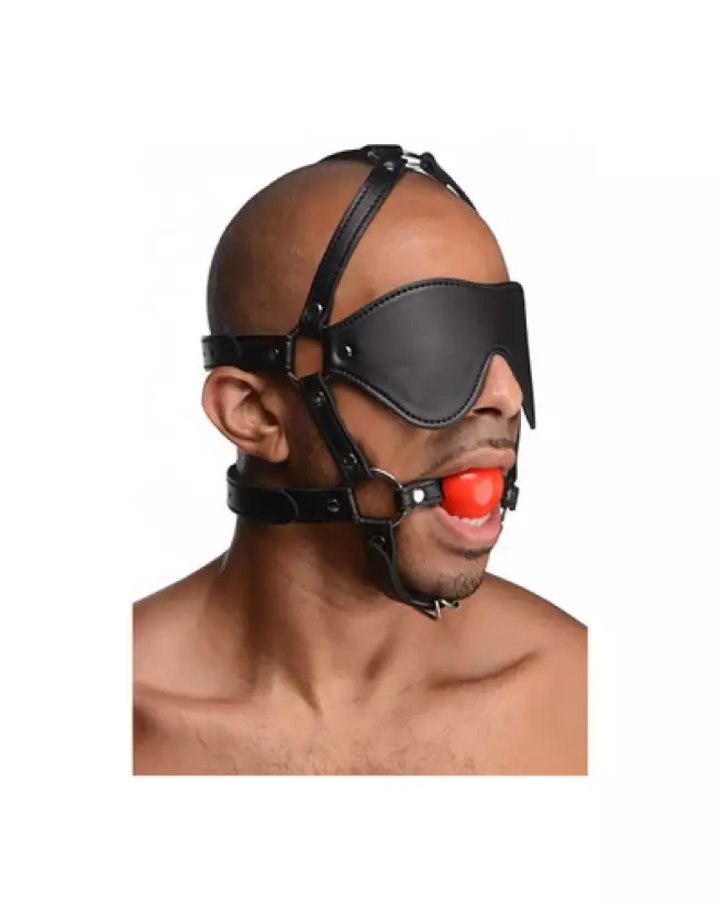 Image du baillon boule ST Blindfold avec harnais de XR Brands, accessoire BDSM premium-1