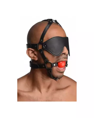 Image du baillon boule ST Blindfold avec harnais de XR Brands, accessoire BDSM premium-1