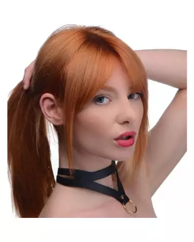 Collier Bondage Baddie avec anneau O de XR Brands en cuir noir-4
