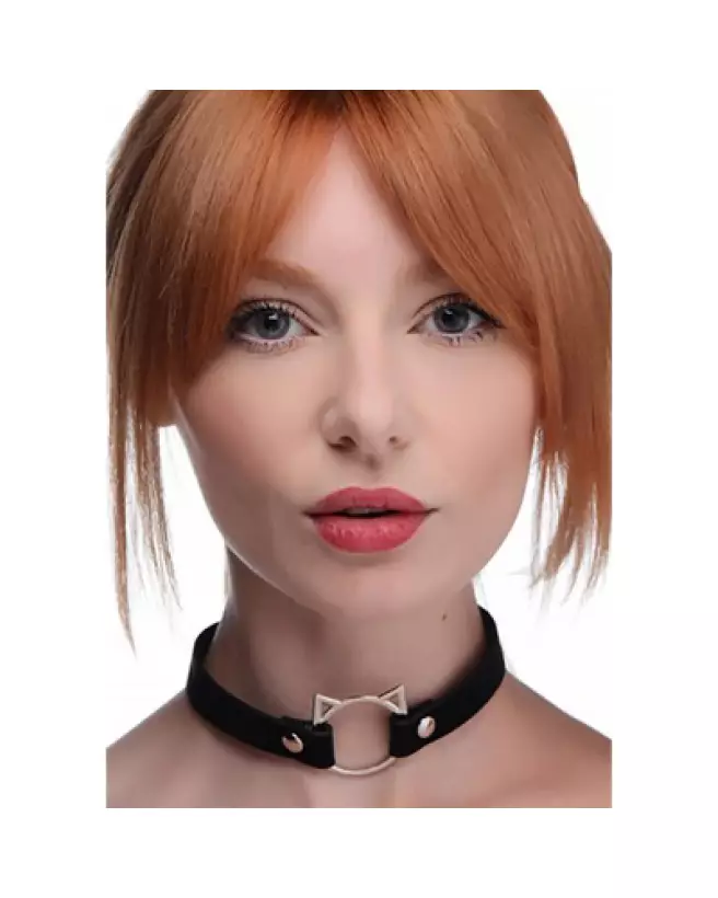 Choker Kinky Kitty Ring en cuir PU noir par XR Brands-1