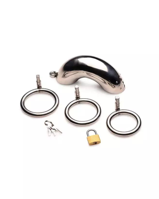 Cage de chasteté en acier inoxydable XR Brands avec trois anneaux ajustables-1