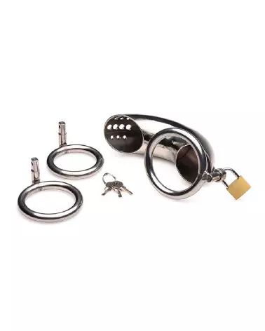 Cage de chasteté en acier inoxydable XR Brands avec trois anneaux ajustables-3