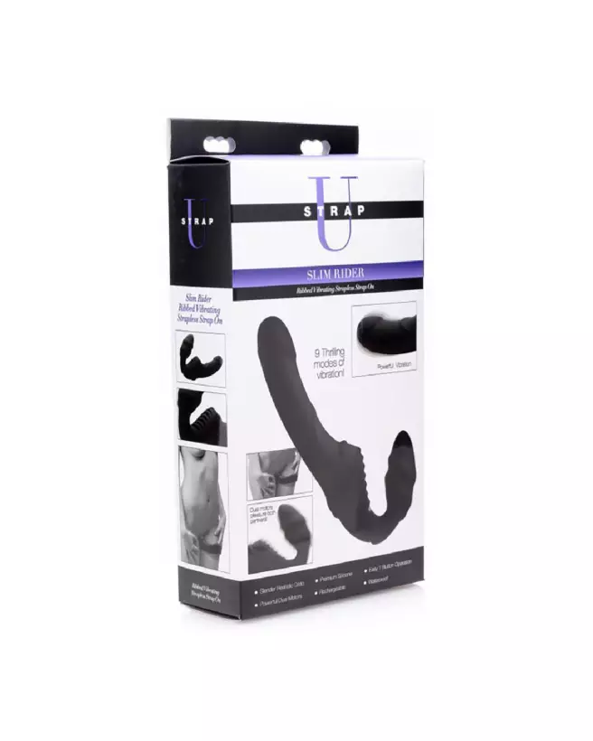 Slim Rider Strapless Ribbed Vibrating Strap-On de XR Brands en action-2