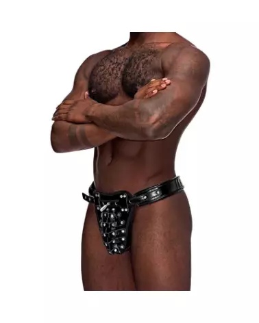 Taurus Imitation Leather Chastity Cage Thong by Male Power in Black-1