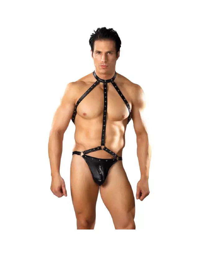 Male Power Gladiator Thong with Harness and Choker in Black L/XL-3
