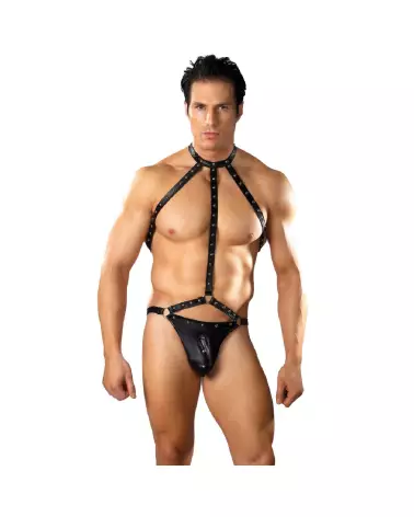 Male Power Gladiator Thong with Harness and Choker in Black L/XL-3