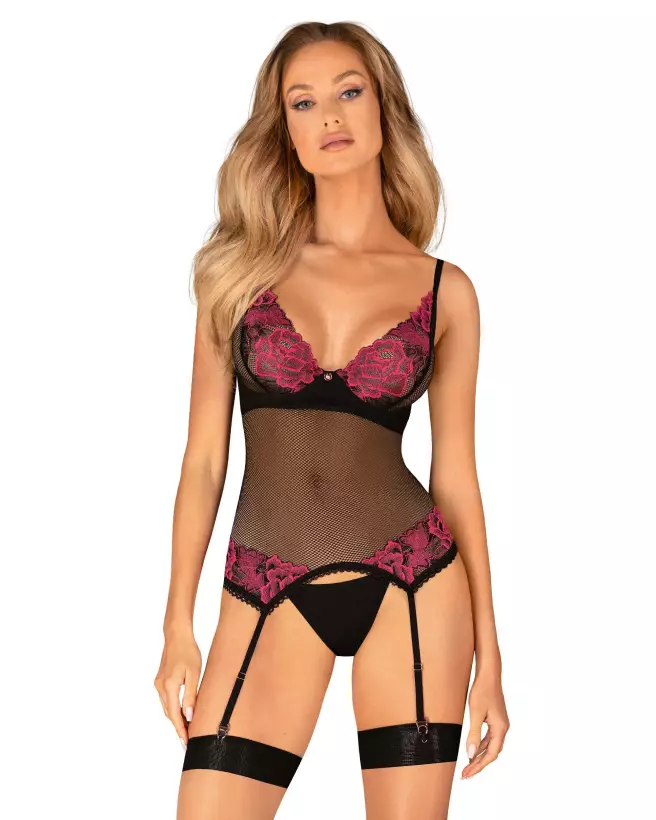 Guêpière et string noir Obsessive Rosenty, lingerie élégante et séduisante-1
