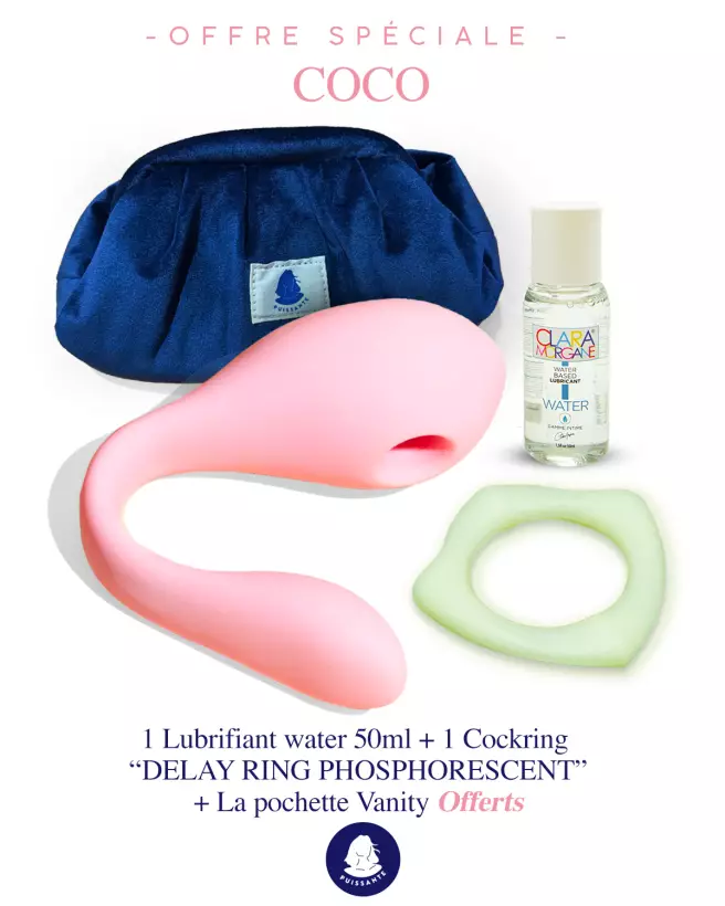 Image du Coco Rose de Puissante avec tout les cadeaux offerts ( lubrifiant, anneaux vibrant et pochette