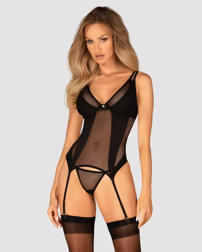 Obsessive Nesari corset et string noir, guêpière élégante et séduisante-5