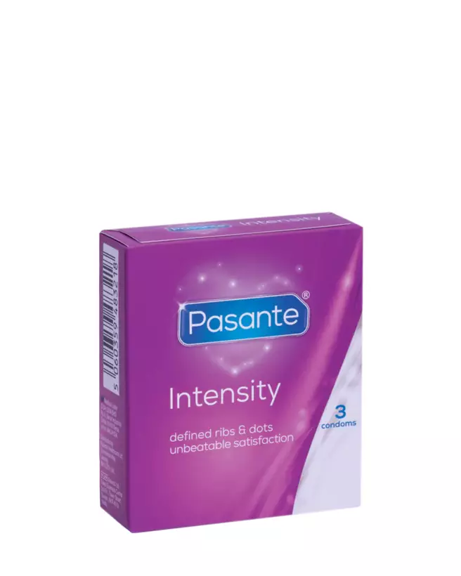 Image de préservatifs Pasante Intensity X3 avec texture nervurée et à points pour sensation accrue-1