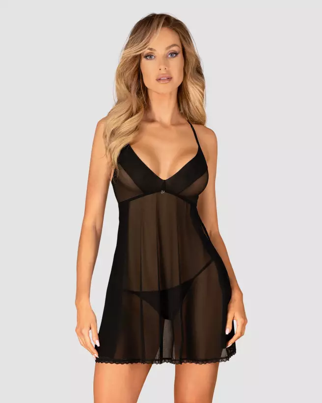 Babydoll Latinesa noir Obsessive avec string assorti en dentelle élégante-5