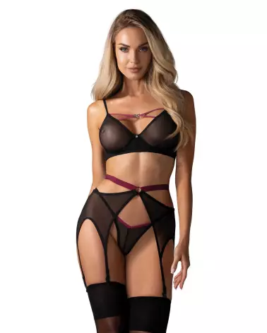 Photo de l'ensemble Novenes 3 pièces noir par Obsessive, lingerie de luxe-1
