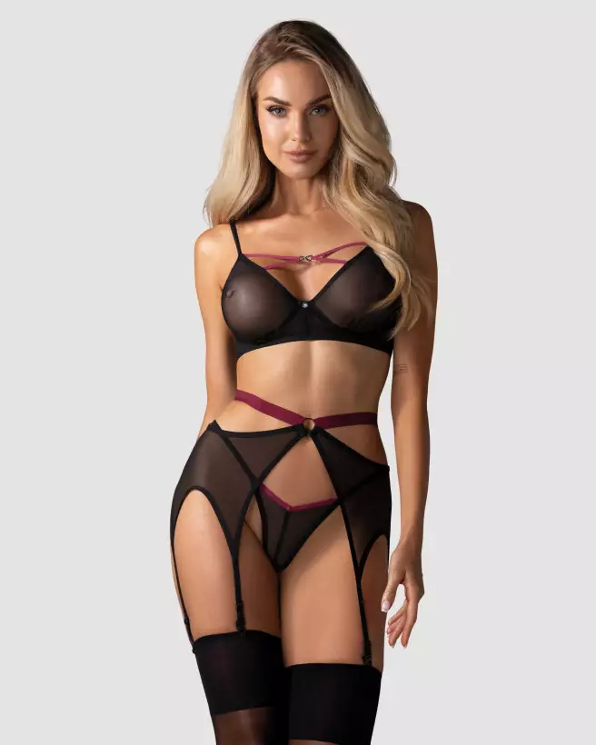 Photo de l'ensemble Novenes 3 pièces noir par Obsessive, lingerie de luxe-3