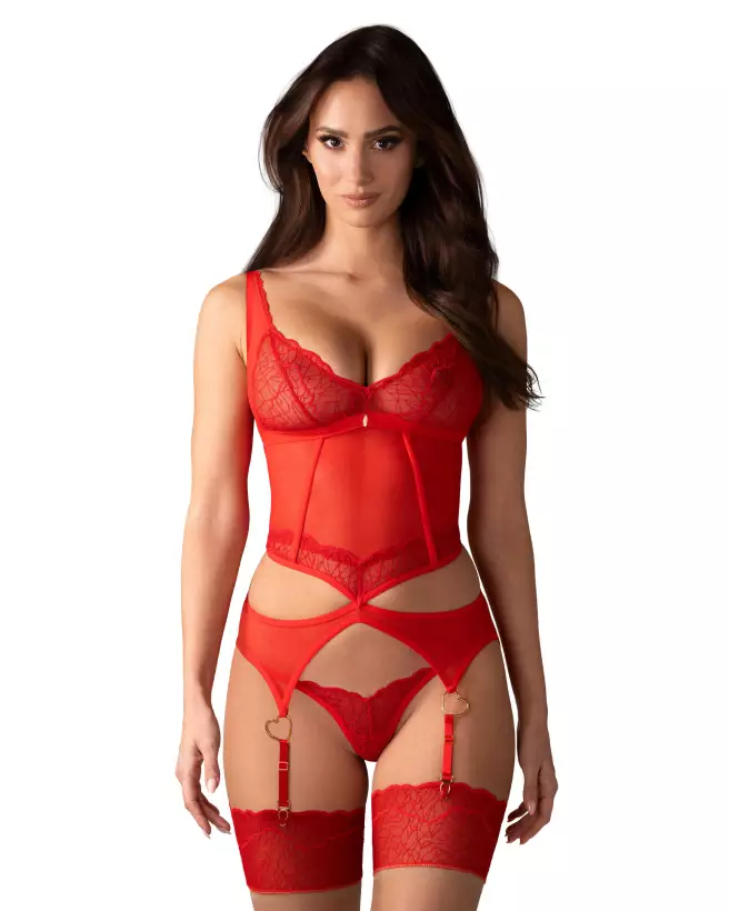 Corset rouge Cupide Désir par Obsessive avec string assorti, style guêpière élégante-1