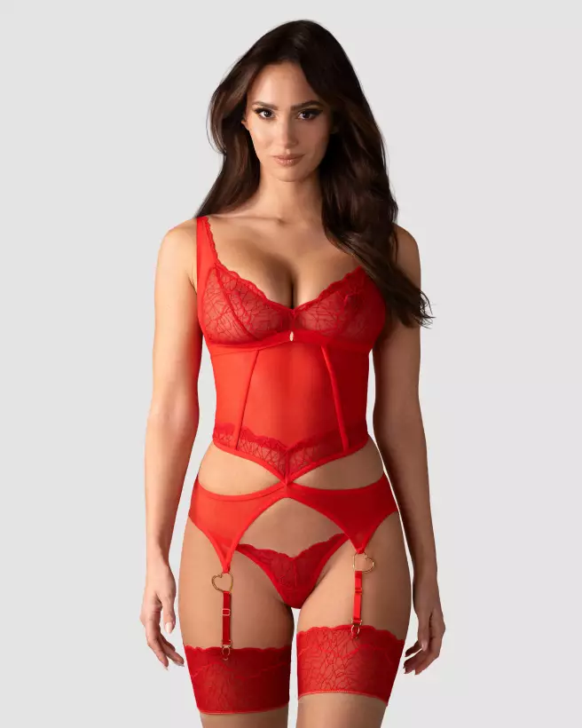 Corset rouge Cupide Désir par Obsessive avec string assorti, style guêpière élégante-2