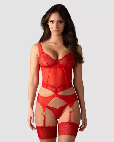 Corset rouge Cupide Désir par Obsessive avec string assorti, style guêpière élégante-2
