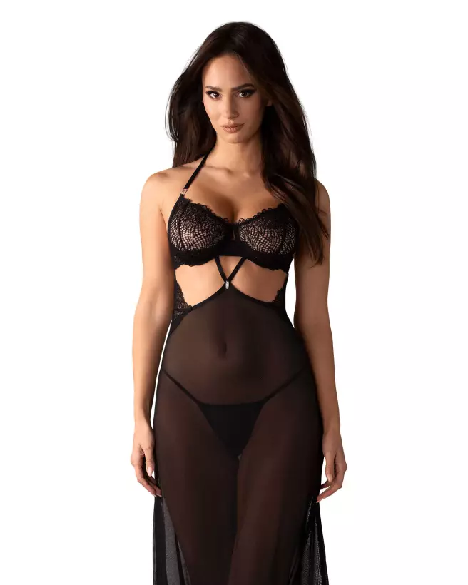 Nuisette Iliosa Obsessive noire avec string assorti, élégante et séduisante-1