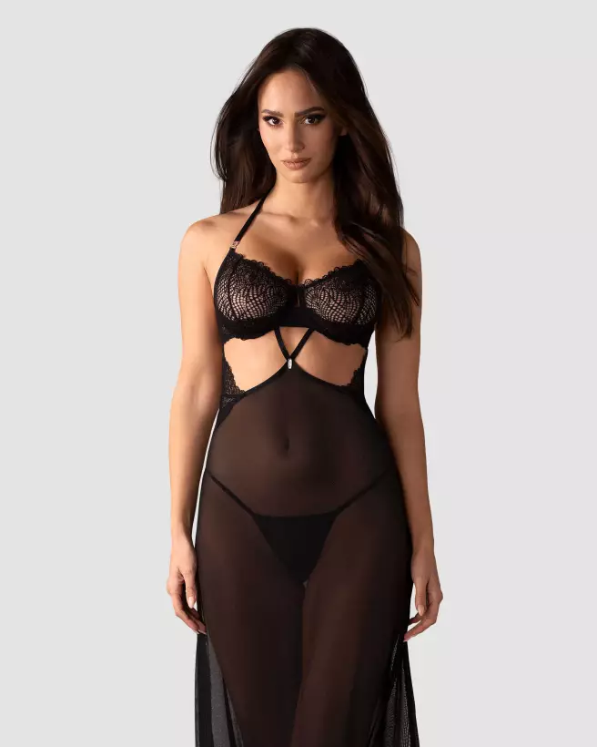 Nuisette Iliosa Obsessive noire avec string assorti, élégante et séduisante-3