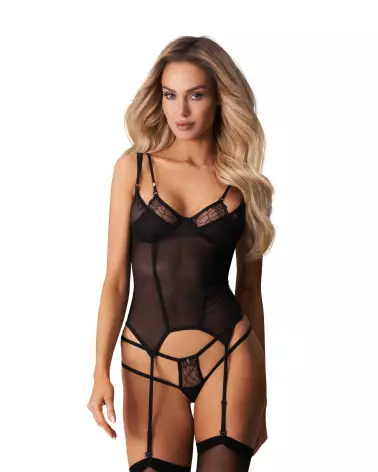 Corset noir Arrowel et string assorti de Obsessive pour élégance et séduction-1