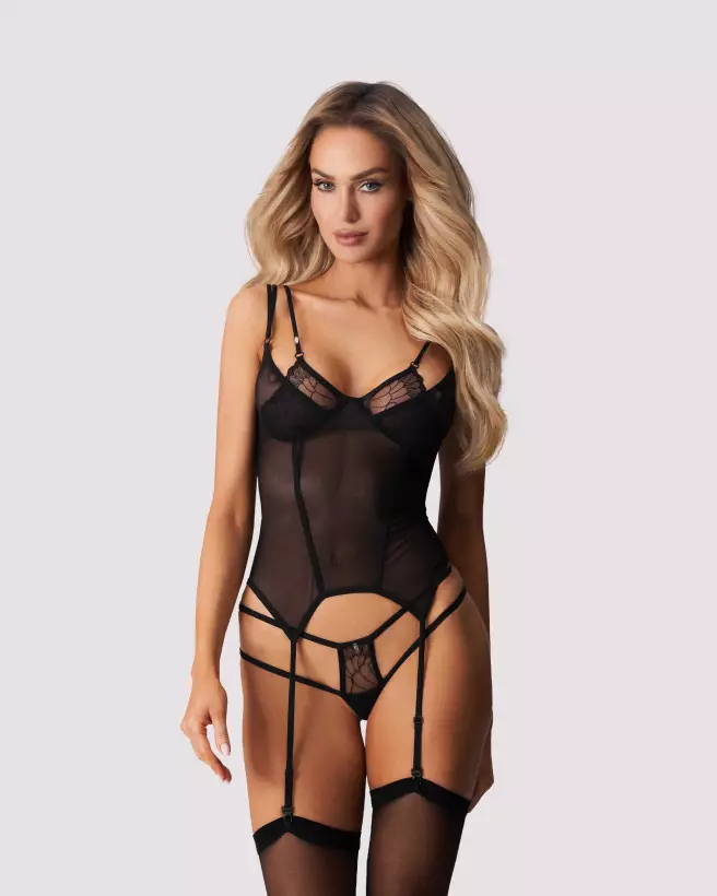 Corset noir Arrowel et string assorti de Obsessive pour élégance et séduction-2