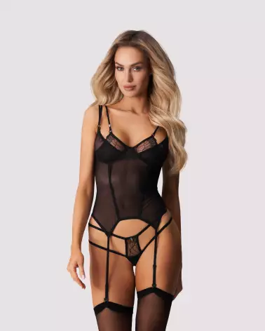 Corset noir Arrowel et string assorti de Obsessive pour élégance et séduction-2