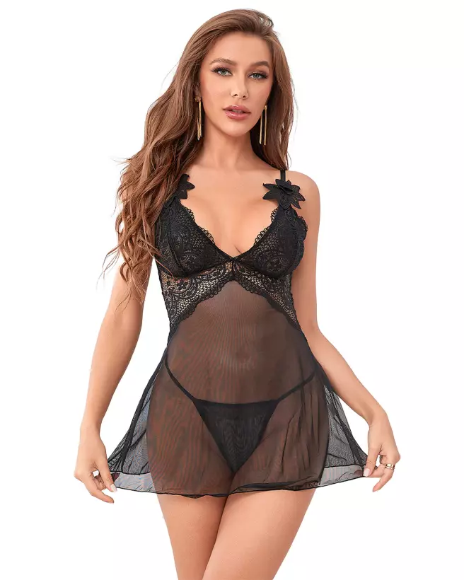 Nuisette noire élégante Paris Hollywood L/XL avec string assorti-1