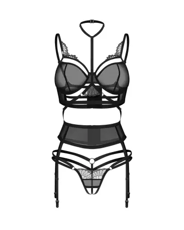 Ensemble lingerie noire Obsessive Premium trois pièces ouvertes-6