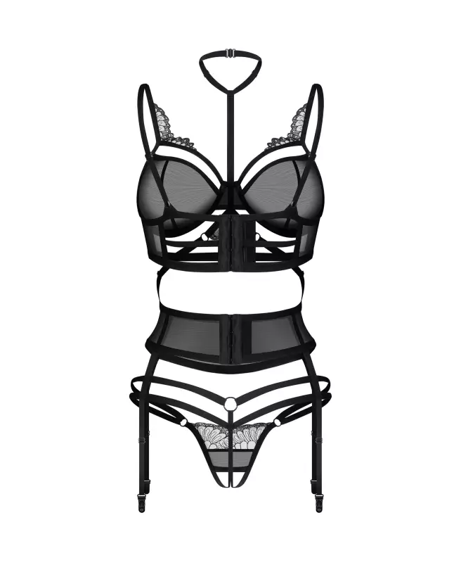 Ensemble lingerie noire Obsessive Premium trois pièces ouvertes-7