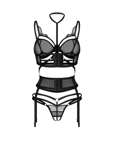 Ensemble lingerie noire Obsessive Premium trois pièces ouvertes-7