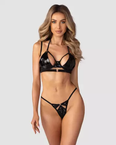 Obsessive Keira Lise ensemble de lingerie noir avec effet latex et design séduisant-2
