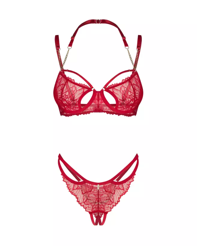 Ensemble lingerie rouge Matildea Obsessive avec soutien-gorge à armatures et string ouvert-6