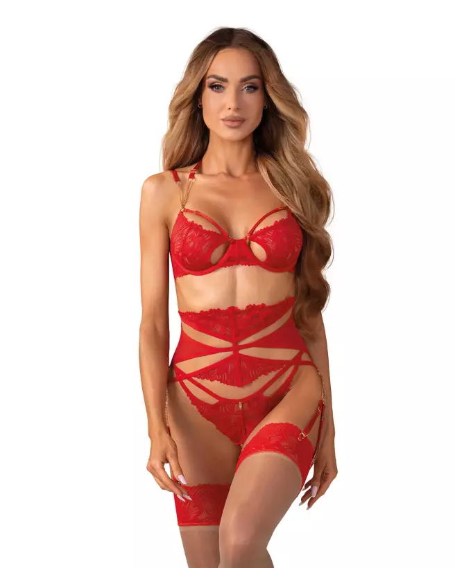 Ensemble lingerie rouge Matildea Obsessive avec soutien-gorge à armatures et string ouvert-7