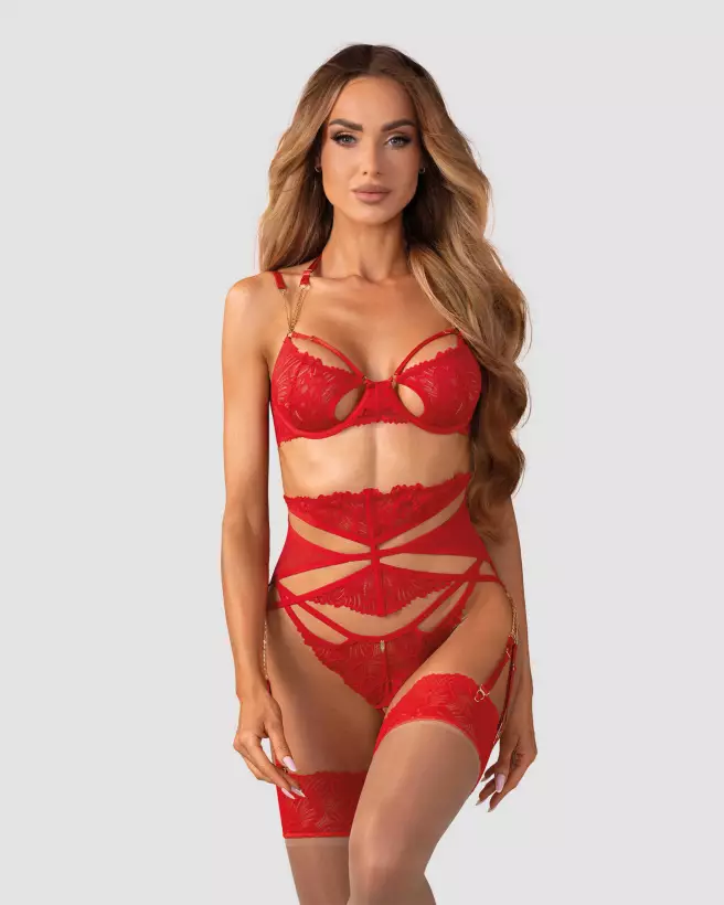 Ensemble lingerie rouge Matildea Obsessive avec soutien-gorge à armatures et string ouvert-8