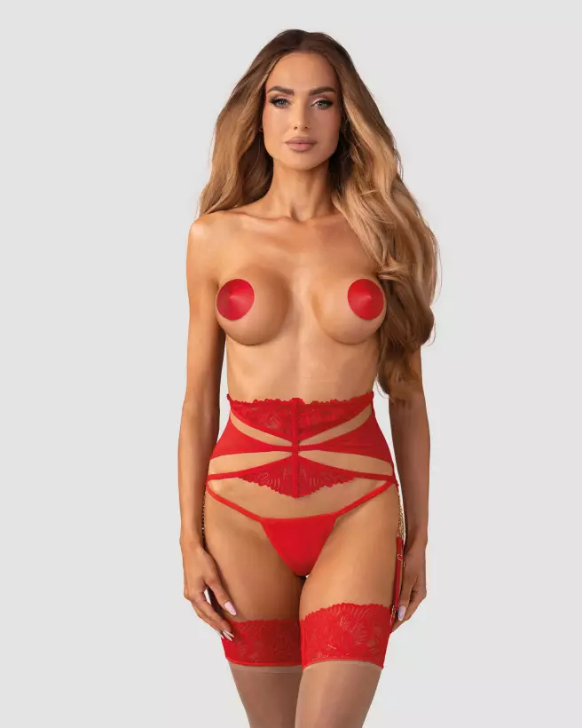 Porte-jarretelles Matildea Obsessive rouge avec détails en dentelle et chaînes dorées-2