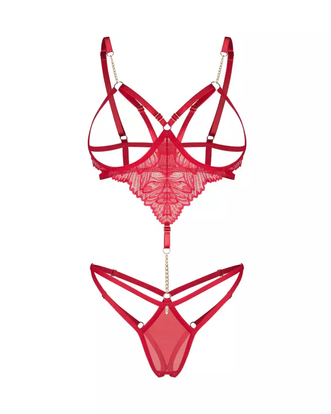 Body ouvert rouge Matildea par Obsessive avec dentelle fine et chaîne dorée-4