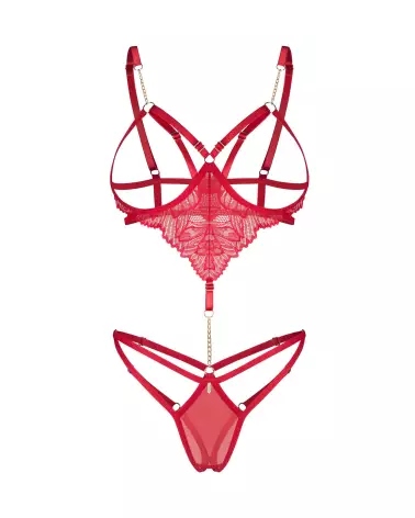 Body ouvert rouge Matildea par Obsessive avec dentelle fine et chaîne dorée-4