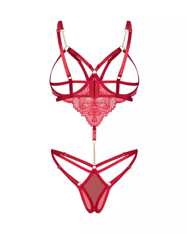 Body ouvert rouge Matildea par Obsessive avec dentelle fine et chaîne dorée-5