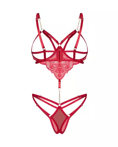 Body ouvert rouge Matildea par Obsessive avec dentelle fine et chaîne dorée-5
