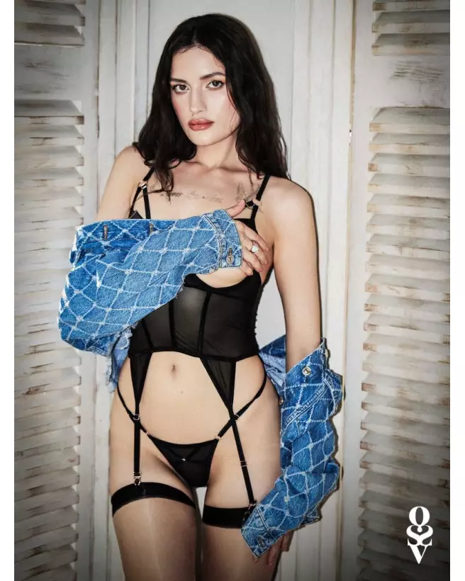 Corset et string Euridia noirs par Obsessive avec détails en or rose-6