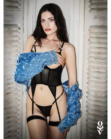 Corset et string Euridia noirs par Obsessive avec détails en or rose-6