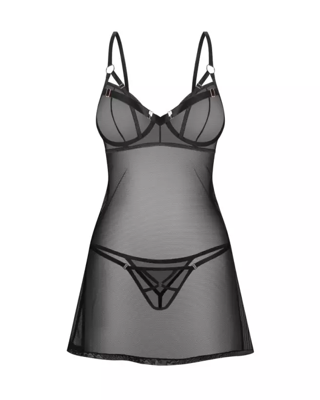 Nuisette et string Euridia noirs par Obsessive avec détails en métal rose doré-3