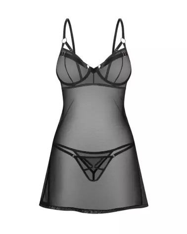 Nuisette et string Euridia noirs par Obsessive avec détails en métal rose doré-3