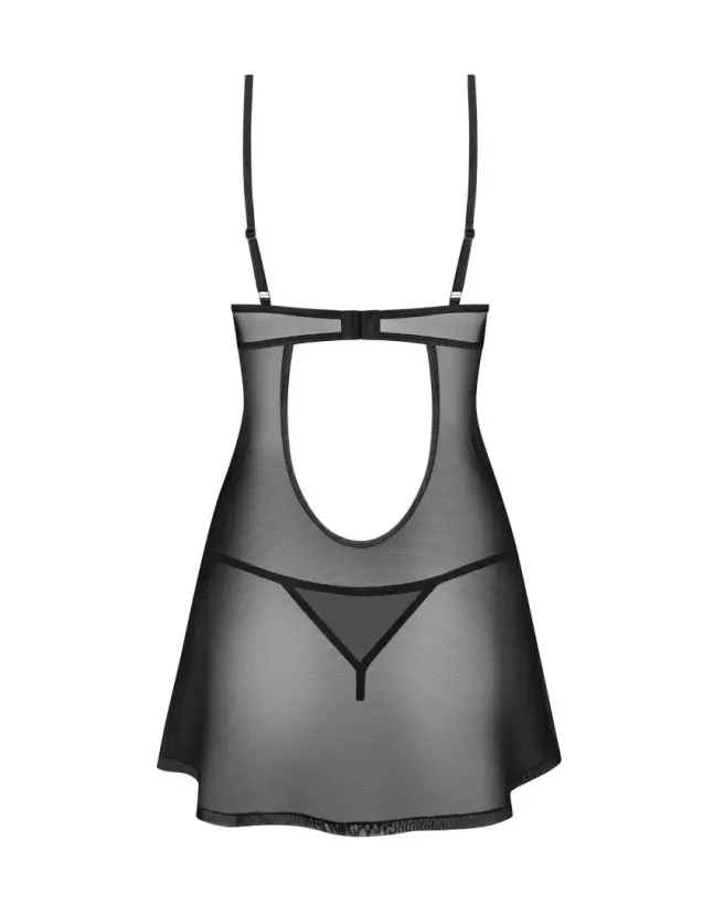 Nuisette et string Euridia noirs par Obsessive avec détails en métal rose doré-4