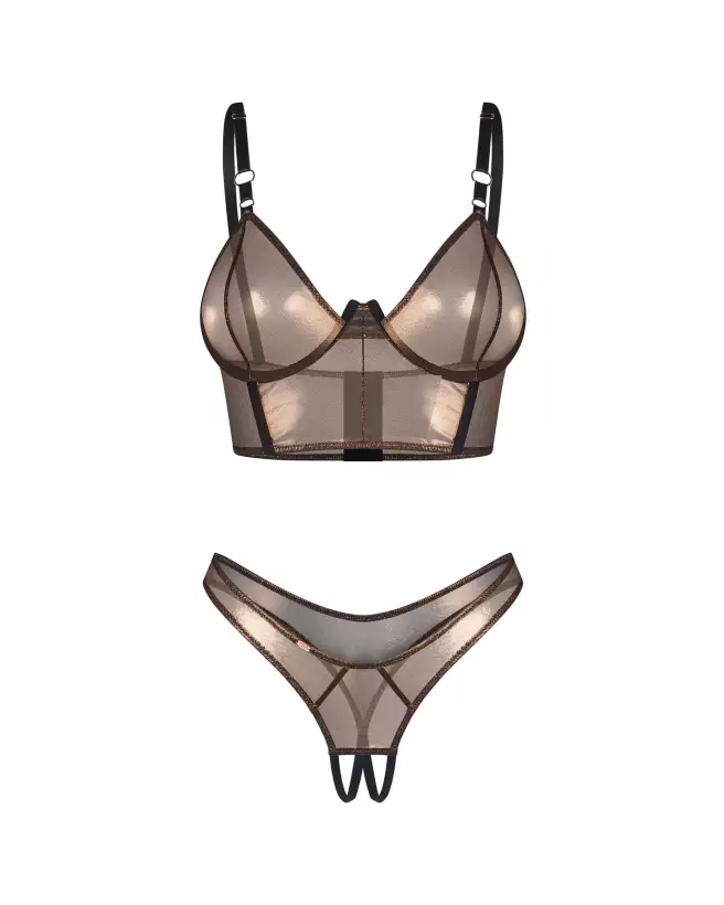 Photo de l'ensemble Soranna Top et String Ouvert par Obsessive en maille dorée et finition transparente-7